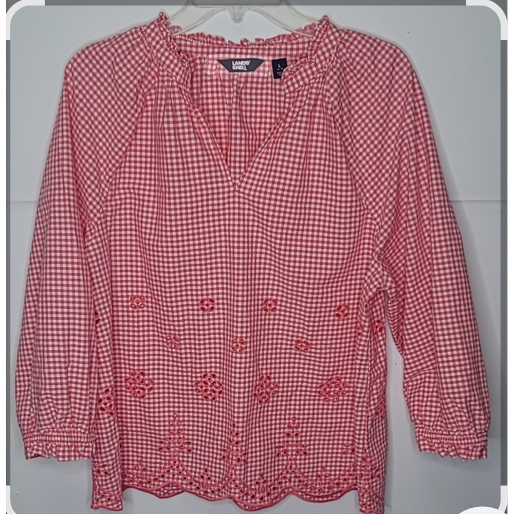 Lands' End Red and White Gingham Embroidered Peasant Blouse